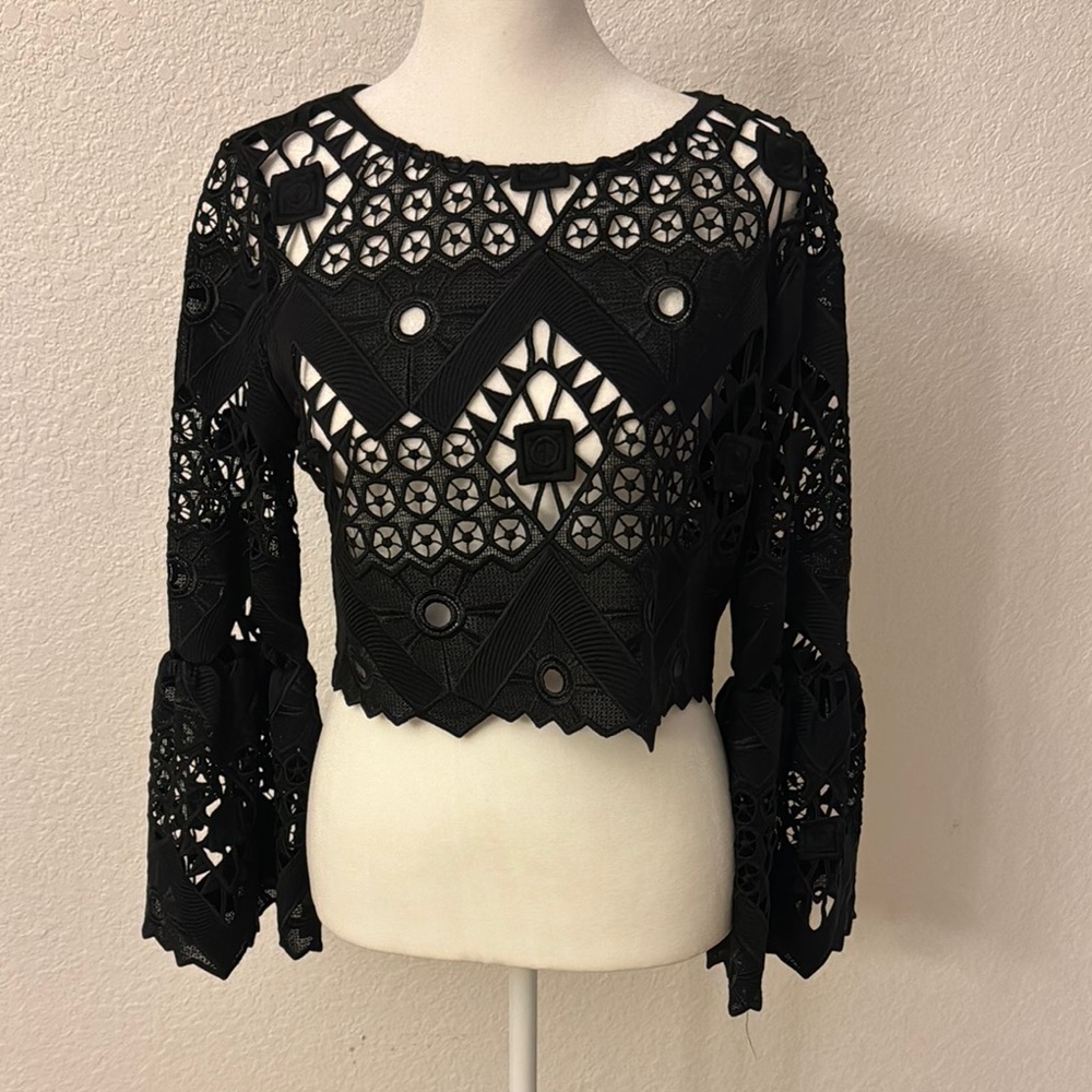 Alexis Black Crop Blouse with Long Sleeves and Cut Out Design